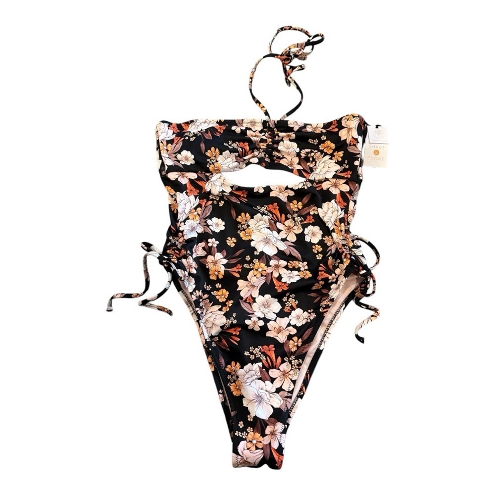 Shade & Shore Floral Cut Out High Cut Tie Waist Halter Black Orange Size M